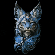 a painting of a lynx with blue eyes and blue flowers