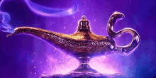 a close up of a genie lamp with smoke coming out of it against a purple background .