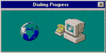 a computer screen shows a globe and a telephone and says dialing progress