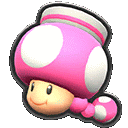 a pink mushroom with a white polka dot hat and a tail is a sticker .