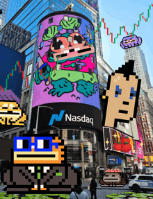 a billboard for nasdaq is surrounded by cartoon characters