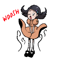 a drawing of a girl with the word woosh written above her