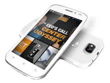 a white cell phone with the words " ceo 's call center odyssey " displayed on the screen