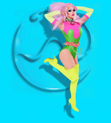 a woman with pink hair and neon yellow boots is standing in front of a blue background