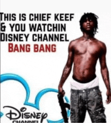 a shirtless man holding a gun with a disney channel logo in the background