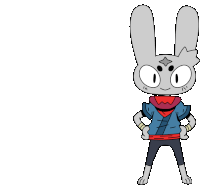 a cartoon rabbit is standing with his hands on his hips wearing a blue shirt and black pants .