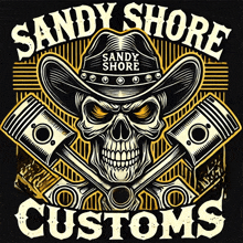 a logo for sandy shore customs with a skull wearing a cowboy hat and crossed pistons