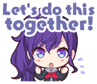 a sticker of a girl with purple hair and blue eyes says let 's do this together .