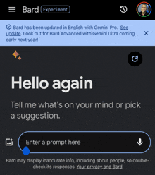 a screenshot of a bard app that says hello again on it