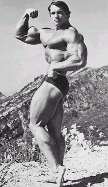 arnold schwarzenegger is posing for a black and white photo while flexing his muscles .