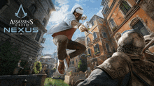 an advertisement for assassin 's creed nexus vr shows a man jumping in the air