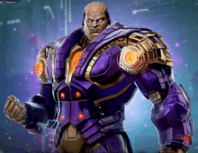 a man in a purple and gold armor stands in front of a purple background