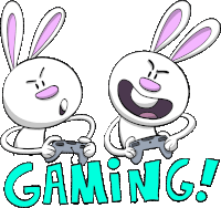 two cartoon rabbits are playing video games and the word gaming is behind them