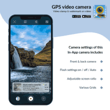 an advertisement for gps video camera shows a waterfall in iceland