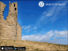 an advertisement for an app called electroneum shows a castle in the background