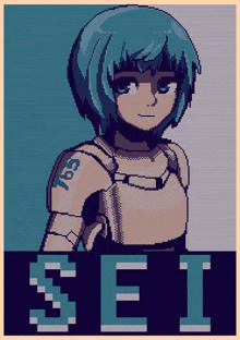 a pixel art illustration of a girl with the name sei on the bottom