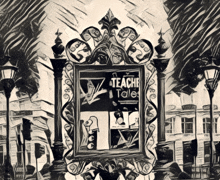 a black and white drawing of a sign that says teaches tales