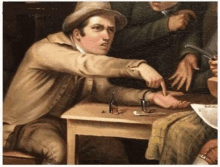 a painting of a man sitting at a table pointing at his wrist with a newspaper on it