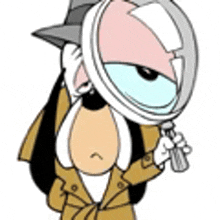 a cartoon character is holding a magnifying glass in front of his eye .