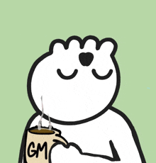 a cartoon character is holding a cup of coffee that says gm on it