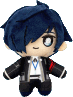 a stuffed toy of a boy with blue hair and a red jacket