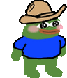 the frog is wearing a cowboy hat and a blue shirt .