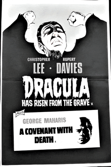 a black and white poster for dracula has risen from the grave