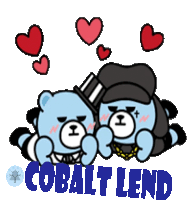 a cartoon of two teddy bears with hearts and the words cobalt lend below them