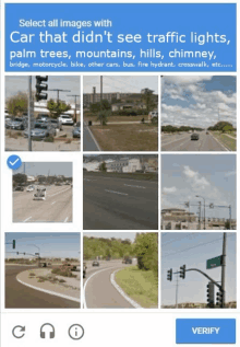 a screen that says select all images with car that didn 't see traffic lights