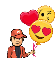 a man holding three balloons with hearts on them