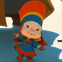 a cartoon character is wearing a red and blue outfit