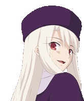 a girl with white hair wearing a purple hat