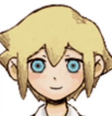 a cartoon boy with blonde hair and blue eyes is smiling .