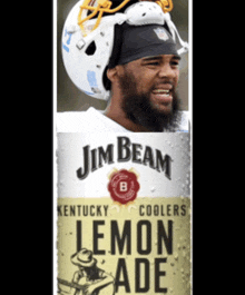 a can of jim beam kentucky coolers lemonade with a football player behind it