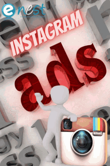 a 3d man is standing in front of a sign that reads instagram ads