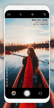 a phone screen shows a woman in a red kayak and the latitude and longitude