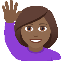 a woman in a purple sweater waves her hand