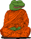 a frog with a green head is sitting in a lotus position in a robe .