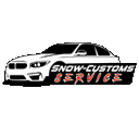 the logo for snow customs service is a white car with a black border .