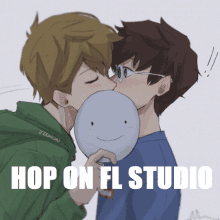 a drawing of a man kissing another man 's face with the caption hop on fl studio