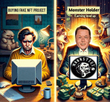 a painting of a man sitting in front of a computer and a man sitting in front of a monster holder