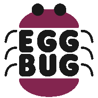 a logo for egg bug shows a purple bug with black letters