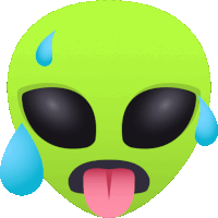 a green alien with a tongue sticking out and sweat coming out of his eyes