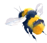 a painting of a yellow and blue bee with white wings on a white background