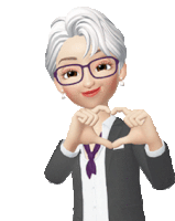 a cartoon woman in a suit and tie making a heart shape with her hands