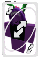 a purple cartoon character with arrows pointing in opposite directions on a uno card .