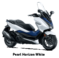 a pearl horizon white scooter with a blue stripe on the front