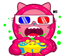 a cartoon drawing of a cat wearing 3d glasses and holding a video game controller