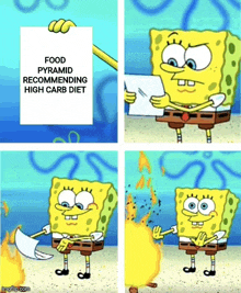 a cartoon of spongebob reading a paper that says " food pyramid recommending high carb diet "