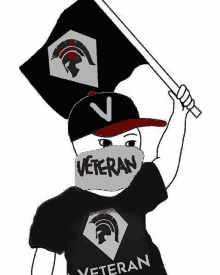 a cartoon of a man wearing a baseball cap and a mask holding a flag .